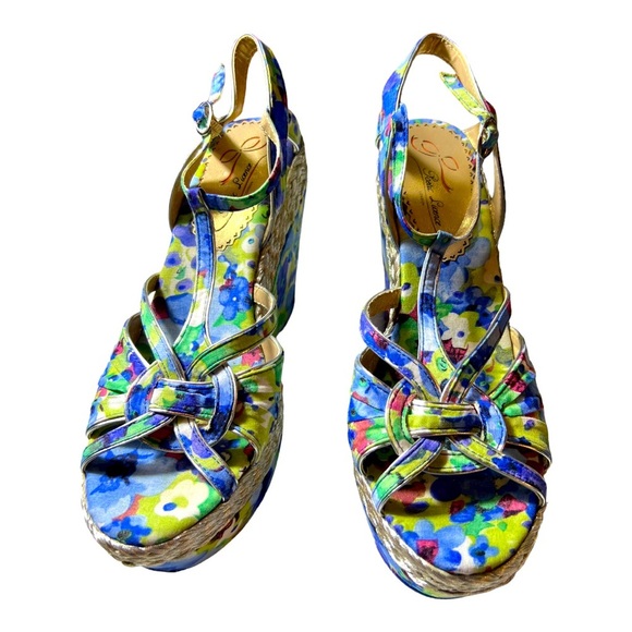 Poetic Licence Blue Silver "Arm Candy" Floral Watercolor Wedges Sandals size9.5” - Picture 3 of 10